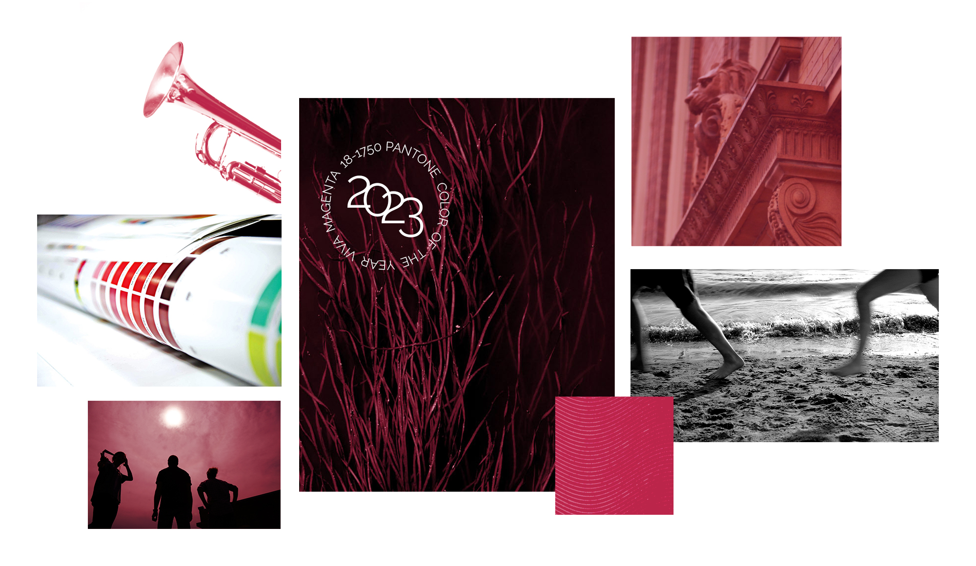 Mood board created by Vendi Advertising for use in Vendi blog about Pantone color of the year 2023, viva magenta