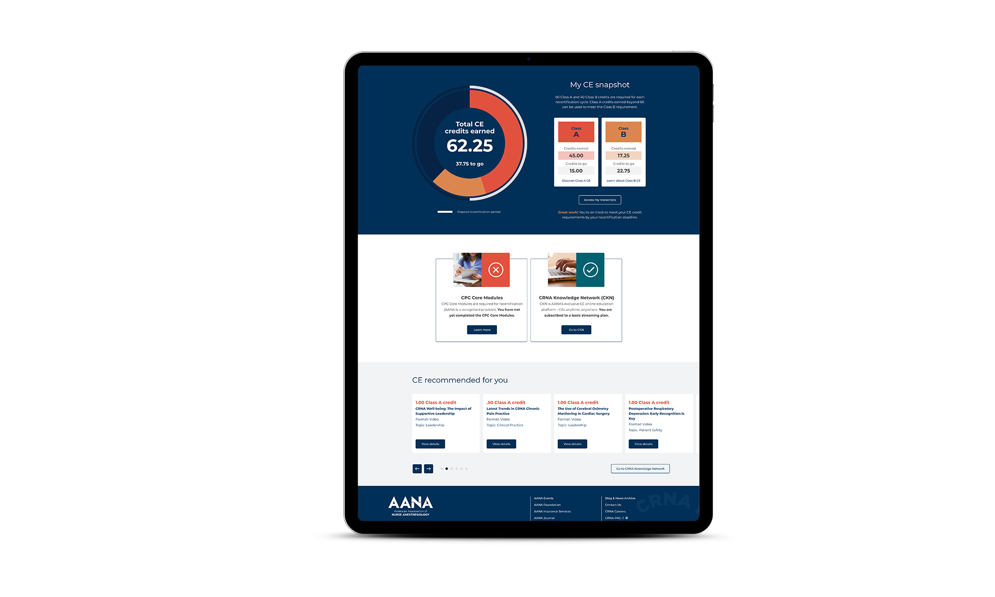 American Association of Nurse Anesthesiology website membership dashboard created by Vendi Advertising