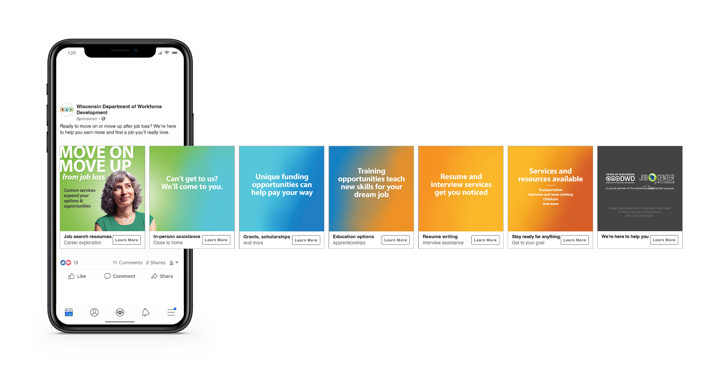 Wisconsin Department of Workforce Development carousel ad with move on move up headline mockup displayed on a mobile phone
