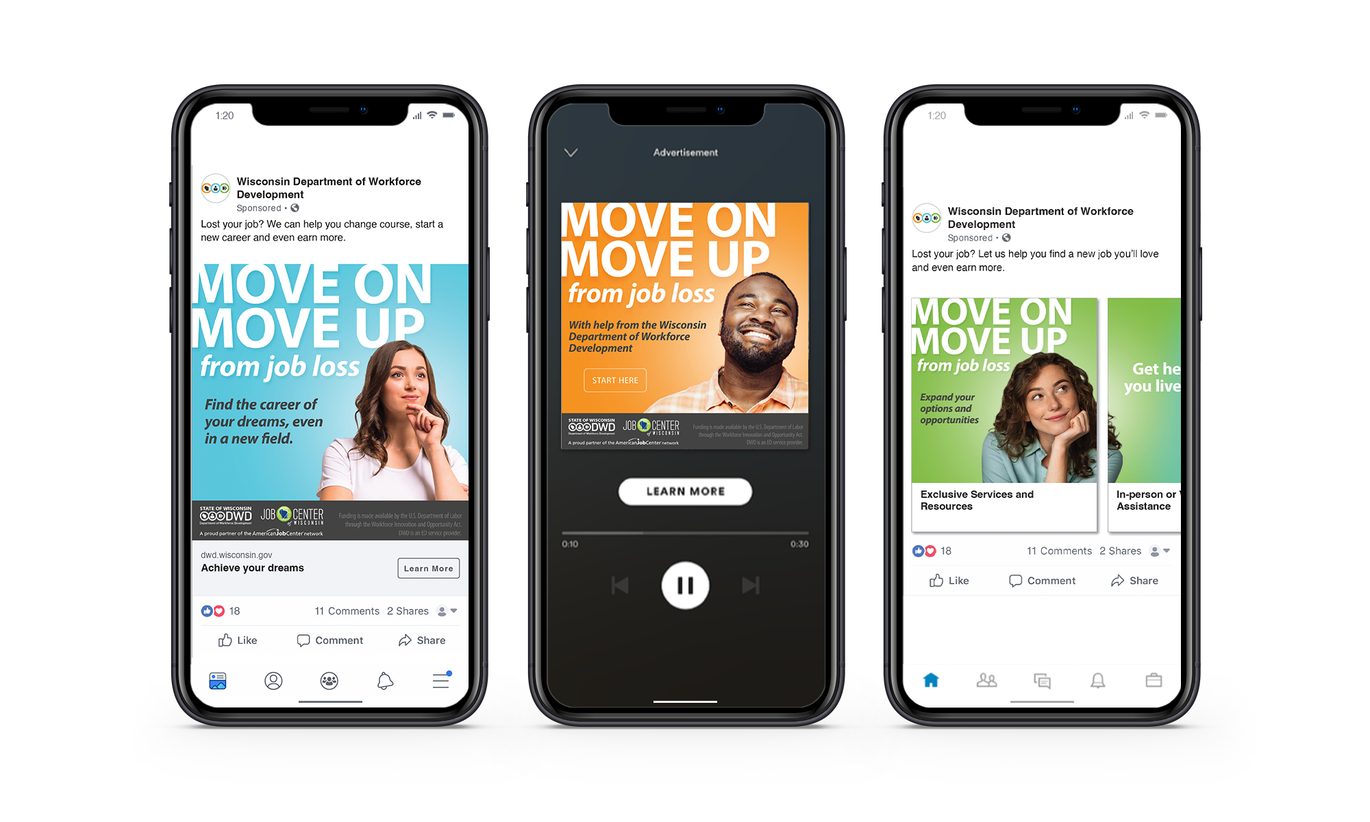 Three Wisconsin Department of Workforce Development ads with move on move up headline displayed on mobile phone screens