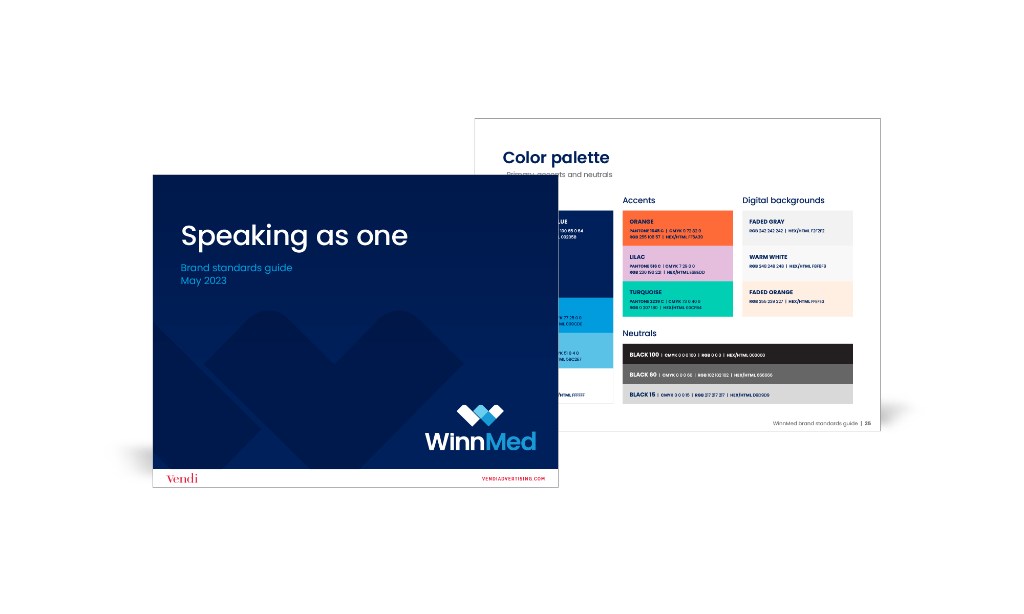 WinnMed brand standards guide. Speaking as one cover with WinnMed dark blue branding and the logo in the bottom right corner.