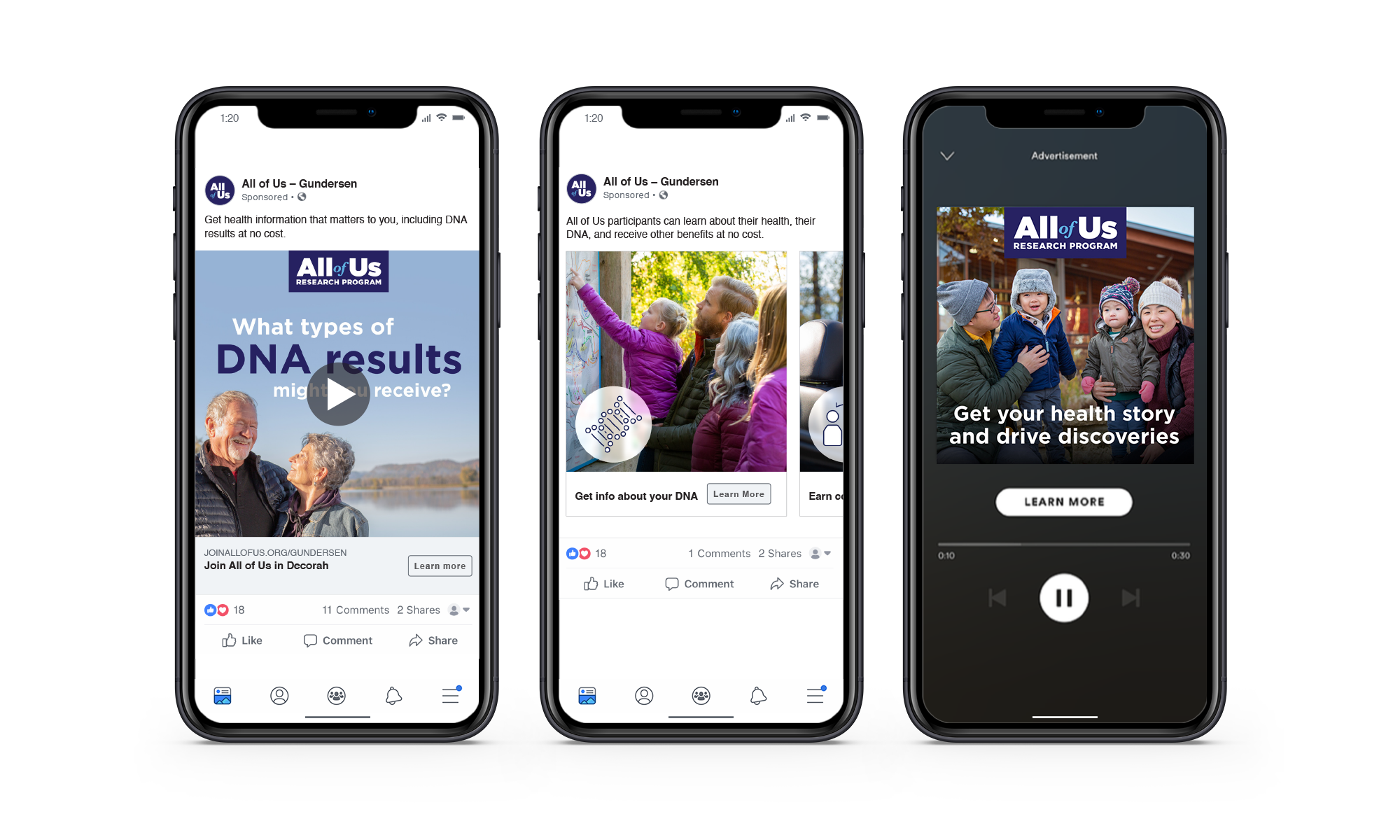 Examples of All of Us Facebook ads created by Vendi and displayed on three mobile phone screens