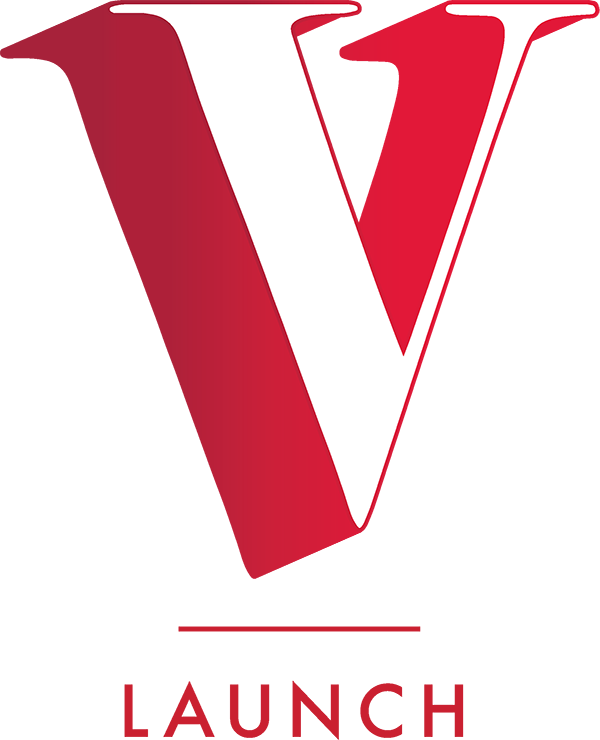 Large stylized V with word "launch" below