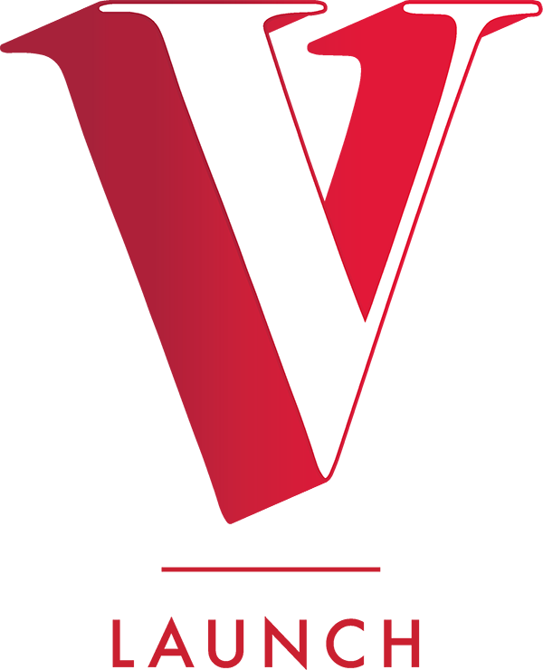 Large stylized V with word "launch" below