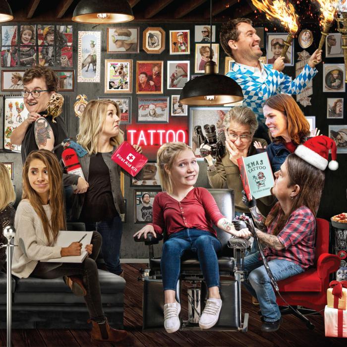 Thumbnail photo of the 2019 Vendi tattoo parlor holiday card, with Molly at front and center getting a holiday tattoo