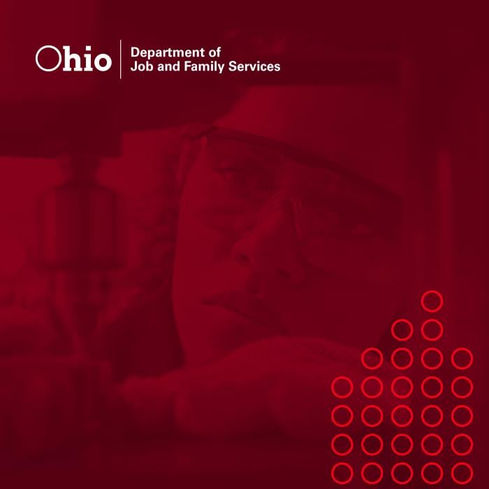 Ohio Department of Jobs and Family Services social media still photo of female industrial worker with the brand’s red overlay and logo