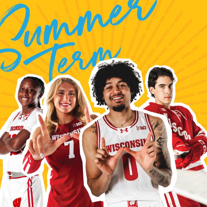 Four UW–Madison student athletes with the words summer term behind them