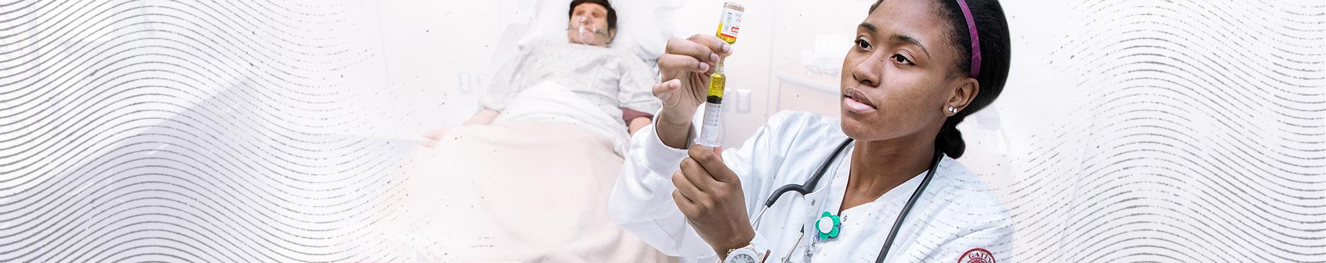 Wisconsin Technical Colleges nursing student working in a hospital room setting with a dummy on a bed in the background